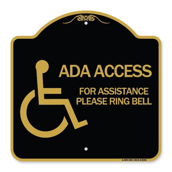 ADA Access for Assistance Ring Bell W/ New Isa, Black & Gold Aluminum Sign, 18" H, BG-1818-24352